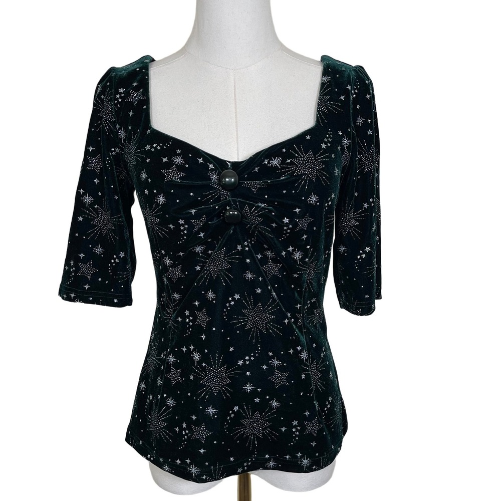 ModCloth x Collectif Blouse Women 8 Green Velvet Celestial Star Burst Sweetheart